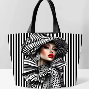 Sac cabas “Élégance Graphique” Affirmez votre style avec ce sac cabas audacieux aux motifs noir et blanc saisissants. Inspiré de l’univers de la haute couture, il met en scène une femme glamour dans un jeu de rayures et de pois hypnotique. Un accessoire chic, artistique et résolument mode.