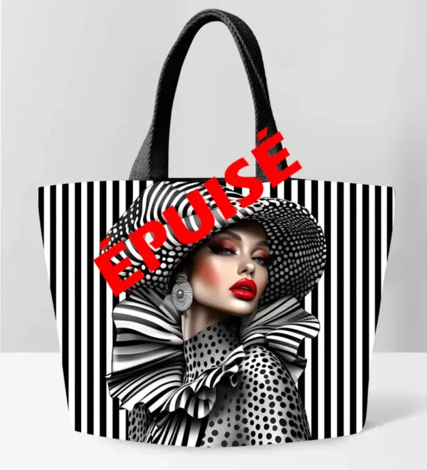Sac cabas “Élégance Graphique” Affirmez votre style avec ce sac cabas audacieux aux motifs noir et blanc saisissants. Inspiré de l’univers de la haute couture, il met en scène une femme glamour dans un jeu de rayures et de pois hypnotique. Un accessoire chic, artistique et résolument mode.